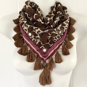 Boho Chic Embellished Kerchief Scarf Coins Tassels Textured Mirror Leopard Charm